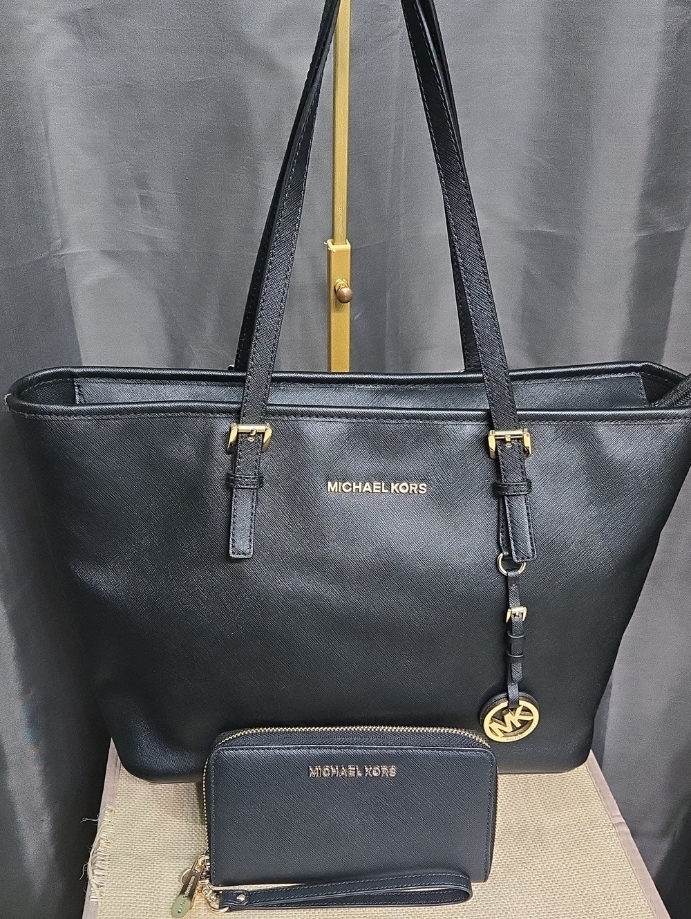 EUC Michael Kors Black Tote with Gold Hardware and Matching Wallet